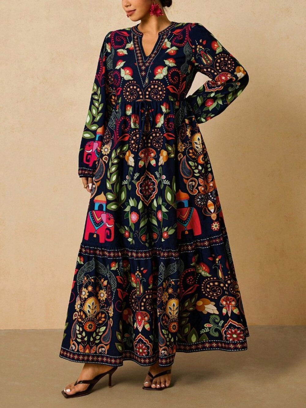 Boho Women's Navy Blue Plus Size Floral Long Sleeve maxi Dress - Picture 4 of 7